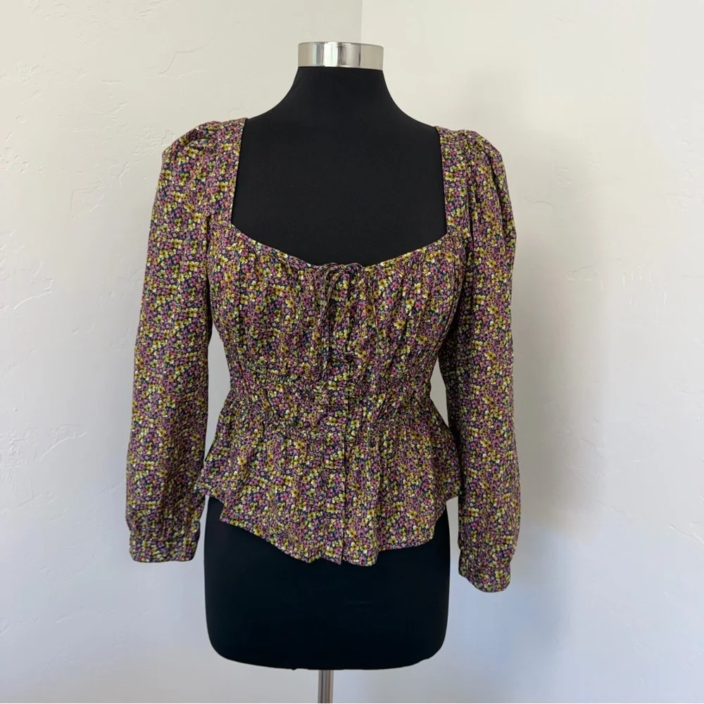 J. Crew Liberty Busy Izzy print Cinched-waist Smocked Square-Neck Blouse Size 14 - Picture 3 of 13